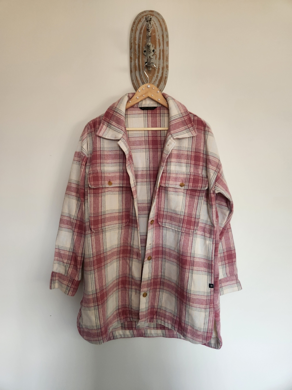 Banana Republic Pink and Cream Plaid Utility Shacket